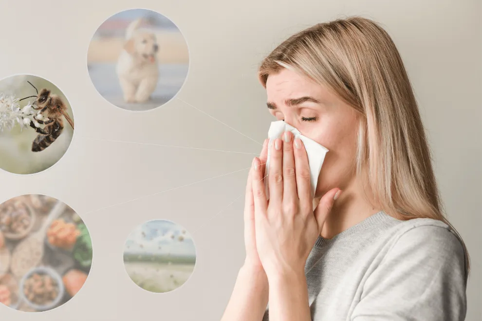 Čiaudinti moteris ir alergenų iliustracijos – ALEX3 alergenų tyrimas